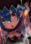  1girl bangs blue_hair breasts chestnut_mouth downblouse fingernails hair_between_eyes highres mimic mimic_chest nail_polish open_mouth orange_eyes orange_nails original ringed_eyes rumie saliva sharp_teeth small_breasts solo teeth tiona 