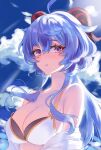  1girl ahoge bangs bare_shoulders bikini blue_hair blue_sky blush breasts cleavage cloud collarbone day ganyu_(genshin_impact) genshin_impact highres horns large_breasts long_hair looking_at_viewer low_ponytail non_(nonzile) nose_blush off_shoulder parted_lips purple_eyes sidelocks sky solo swimsuit upper_body wet white_bikini 