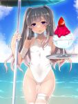  1girl blue_sky breasts cloud day food grey_hair highres ice_cream idolmaster idolmaster_shiny_colors long_hair looking_at_viewer ocean okuri_banto one-piece_swimsuit outdoors parasol purple_eyes sky small_breasts solo summer swimsuit thigh_gap thighs umbrella white_swimsuit yukoku_kiriko 