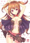  1girl :q armpits arms_up bangs blush breasts breasts_apart brown_dress brown_eyes brown_hair cape closed_mouth commentary_request content_rating cover cover_page cowboy_shot creator_(ragnarok_online) doujin_cover dress long_hair looking_at_viewer medium_breasts miya_(chocolate_holic) navel plunging_neckline ragnarok_online red_cape short_dress smile solo strapless strapless_dress tongue tongue_out two_side_up 