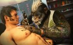  3d_(artwork) anthro ape chest_tattoo chimpanzee digital_media_(artwork) duo fur haplorhine hi_res human huskyman huskyman24 male male/male mammal piercing primate tattoo 