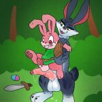  1:1 a_link_to_the_past absurd_res anthro argon_vile armor balls big_balls bodily_fluids bottomless bottomless_male buckteeth bunnymund clothed clothing digital_media_(artwork) dreamworks duo easter easter_bunny easter_egg erection fur genital_fluids genitals hi_res holidays imminent_anal lagomorph leporid link_(rabbit_form) long_penis male male/male mammal melee_weapon nintendo open_mouth paws penis pink_body pink_fur precum rabbit rise_of_the_guardians size_difference standing sword teeth the_legend_of_zelda tunic vambraces video_games weapon 