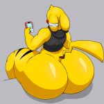  anthro big_butt bottomless butt cellphone clothed clothing grey_background hi_res holding_cellphone holding_object holding_phone huge_butt male nintendo omegabrawl phone pikachu pok&eacute;mon pok&eacute;mon_(species) simple_background solo video_games yellow_body 