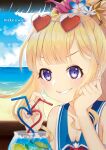  1girl alternate_costume bangs beach blonde_hair blue_flower blue_sky blunt_bangs blush breasts cagliostro_(granblue_fantasy) cleavage cloud cocktail commentary_request cover cover_page crazy_straw day doujin_cover drinking_straw eyewear_on_head flower granblue_fantasy grin hair_flower hair_ornament heart heart-shaped_eyewear heart_straw long_hair looking_at_viewer miya_(chocolate_holic) outdoors portrait purple_eyes sky small_breasts smile solo sunglasses sunshine_creation tinted_eyewear white_flower 