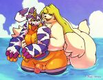  anthro balls bandai_namco belly big_butt bottomwear butt clothed clothing digimon digimon_(species) duo erection fupa gabumon gargomon genitals groping_chest groping_from_behind hi_res long_ears male male/male naughty_face nude overweight partially_clothed partially_submerged partially_submerged_legs penile penis raburigaron shorts shorts_down swimwear 