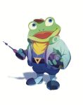  absurd_res amphibian anthro boots clothing cryptiddomain fingerless_gloves footwear frog gloves handwear hat headgear headwear hi_res holding_object jacket male nintendo open_mouth simple_background slippy_toad solo star_fox topwear video_games white_background 