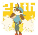  akamuhura-yamato black_fur blue_headwear blue_shirt closed_mouth fluffy furry furry_male gloves highres kaze_no_klonoa klonoa pac-man red_footwear shirt smile yellow_gloves 