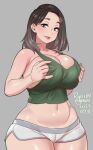  1girl agawa_ryou armpit_crease artist_name bare_shoulders breasts brown_hair cleavage collarbone commentary cowboy_shot crop_top dated english_commentary green_eyes green_tank_top grey_background grey_shorts gym_shorts hands_on_own_breasts hands_up huge_breasts light_blush long_hair looking_at_viewer multicolored_hair navel numbered original parted_hair pink_lips short_shorts shorts simple_background solo standing straight_hair tank_top tongue tongue_out two-tone_hair 