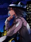  1girl balcony bangs black_hair black_headwear bow city closed_mouth cloud from_side gradient_sky hand_on_own_chin hat hat_bow highres krs_(kqrqsi) long_sleeves night night_sky outdoors red_eyes shirt short_hair sky solo star_(sky) starry_sky touhou usami_renko white_bow white_shirt 