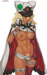  1girl artist_name bandaged_arm bandages blonde_hair breasts cape commentary covered_testicles dark-skinned_female dark_skin english_commentary female_pubic_hair futanari guilty_gear guilty_gear_strive hair_between_eyes hat highres large_breasts long_hair navel nipples open_mouth orange_eyes penis penis_peek pubic_hair ramlethal_valentine seraziel shorts simple_background solo sweat uncensored white_background white_headwear white_shorts 