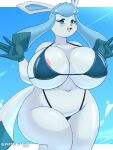  absurd_res anthro big_breasts blue_body blue_eyes blush breasts clothing day eeveelution female glaceon hi_res looking_at_viewer nintendo open_mouth pok&eacute;mon pok&eacute;mon_(species) pok&eacute;morph saasmimz solo swimwear thick_thighs video_games 