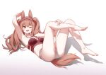  1girl ;d angelina_(arknights) animal_ears arknights arm_up armpits bare_legs bare_shoulders barefoot bikini blush breasts brown_hair commentary_request fox_ears fox_girl fox_tail full_body hairband hand_on_own_leg highres legs_up long_hair looking_at_viewer lying medium_breasts mismatched_bikini on_back one_eye_closed open_mouth red_bikini red_eyes red_hairband sidelocks simple_background smile solo swimsuit tail twintails udon_wudong white_background white_bikini 