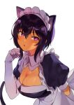  1girl animal_ears black_hair breasts cat_ears cat_tail cleavage commentary_request dark-skinned_female dark_skin elbow_gloves gloves konbu_wakame large_breasts lilith_(saikin_yatotta_maid_ga_ayashii) looking_at_viewer maid maid_headdress mole mole_on_breast mole_under_eye official_art paw_pose puffy_short_sleeves puffy_sleeves purple_eyes saikin_yatotta_maid_ga_ayashii short_hair short_sleeves solo tail upper_body white_gloves 