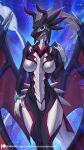  2022 5_fingers alanscampos anthro blue_eyes digital_media_(artwork) dragonmaid_(yu-gi-oh!) female fingers front_view hi_res horn looking_at_viewer open_mouth solo teeth text url wings 