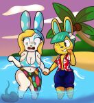  2022 4k absurd_res accessory aloha_shirt animal_crossing anthro batoid beach big_breasts bikini blonde_hair blue_eyes breast_squish breasts cleavage clothed clothing curvaceous curvy_figure detailed_background digital_drawing_(artwork) digital_media_(artwork) duo eyelashes eyeshadow feet female fish francine_(animal_crossing) fur hair hair_accessory hairclip hand_holding hi_res hourglass_figure lagomorph leporid long_ears makeup male male/female mammal marine navel nintendo one_eye_closed open_mouth outside pattern_clothing pattern_shirt pattern_topwear rabbit sarong sea seaside shirt short_hair side_boob simple_eyes smile someth1ngoranother squish stingray swimwear teal_hair thick_thighs toby_(animal_crossing) topwear video_games voluptuous water white_body white_fur wide_hips yellow_body yellow_fur 