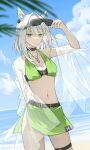  1girl absurdres animal_ears arknights arm_up bangs beach bikini blue_sky breasts cat_ears cleavage cloud collarbone commentary_request cowboy_shot day eyewear_on_head green_bikini green_eyes green_skirt highres kal&#039;tsit_(arknights) looking_at_viewer navel short_hair skirt skirt_set sky small_breasts solo standing stomach sunglasses swimsuit thigh_strap water white_hair wisteriafalls 