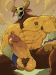  anthro balls bandage bna_v5 bodily_fluids bone bovid bovine ear_piercing european_mythology genital_piercing genitals greek_mythology hi_res horn humanoid male mammal minotaur minotaur_(the_legend_of_pipi) muscular muscular_anthro muscular_humanoid muscular_male mythology nipple_piercing nipples penis penis_piercing piercing scar skull skull_head solo sweat the_legend_of_pipi vein veiny_penis 