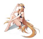  1girl arknights arm_strap bangs bare_arms bare_legs bare_shoulders barefoot bikini black_bikini blonde_hair blue_eyes blue_hairband breasts chinese_commentary cleavage commentary_request hairband hand_up highres horns long_hair navel pointy_ears saileach_(arknights) shadow simple_background sitting small_breasts smile solo stomach swimsuit thighs udon_wudong very_long_hair white_background 