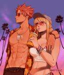  1boy 1girl abs absurdres annlu_vazzel arm_around_neck artist_name bandeau bare_pectorals bikini blonde_hair breasts cleavage contemporary cup disposable_cup drinking_straw fairy_tail groin hair_bun hat highres jewelry large_breasts lucy_heartfilia midriff natsu_dragneel navel necklace open_clothes open_shirt palm_tree pectorals pink_bikini pink_hair scar scar_on_stomach side-tie_bikini smile spiked_hair sunglasses swimsuit tinted_eyewear tree veins wristband 
