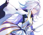  1girl commentary english_commentary fate/grand_order fate_(series) grin highres holding holding_staff leaning_forward long_hair looking_at_viewer looking_to_the_side merlin_(fate/prototype) moedredd red_eyes robe simple_background smile solo staff white_background white_hair white_robe wide_sleeves 