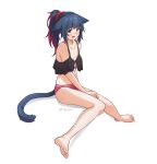  1girl animal_ears arknights bangs bare_legs bare_shoulders barefoot bikini black_bikini blue_hair cat_ears cat_tail commentary_request green_eyes highres jessica_(arknights) long_hair looking_at_viewer multicolored_hair off-shoulder_bikini off_shoulder open_mouth ponytail purple_hair short_sleeves simple_background solo stomach swimsuit tail thighs udon_wudong white_background 