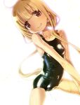  1girl absurdres bare_arms bare_shoulders blonde_hair blush brown_eyes covered_navel dutch_angle futaba_anzu grin highres idolmaster idolmaster_cinderella_girls long_hair looking_at_viewer low_twintails old_school_swimsuit one-piece_swimsuit sakuya_tsuitachi school_swimsuit skin_tight smile solo swimsuit twintails 