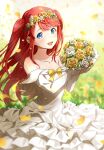  1girl blue_eyes bouquet dress falling_petals flower frilled_dress frills hair_flower hair_ornament holding holding_bouquet off-shoulder_dress off_shoulder outdoors petals re:zero_kara_hajimeru_isekai_seikatsu red_hair ribbon smile solo theresia_van_astrea twintails twitter_username white_dress yomo_(rb_crr) 