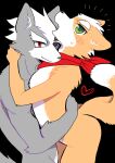  &lt;3 anthro bandanna canid canine canis duo embrace eyebrows fox fox_mccloud fur grey_body grey_fur hi_res hug jisei kerchief male male/male mammal nintendo nude orange_body orange_fur slim star_fox thick_eyebrows video_games wolf wolf_o&#039;donnell 