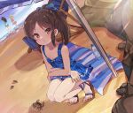  3girls beach blue_swimsuit blush bottle brown_hair crab dress_swimsuit dutch_angle full_body highres idolmaster idolmaster_cinderella_girls lens_flare light_rays looking_at_viewer mat multiple_girls narasquid parasol polka_dot polka_dot_swimsuit ponytail sagisawa_fumika sakurai_momoka sandals smile solo_focus squatting swimsuit tachibana_arisu umbrella water_bottle 