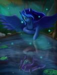  2020 absurd_res bat_wings better_version_at_source blue_body blue_feathers blue_hair digital_media_(artwork) equid equine feathered_wings feathers female friendship_is_magic glowing glowing_eyes grass hair hasbro hi_res horn lily_pad mammal membrane_(anatomy) membranous_wings my_little_pony nightmare_moon_(mlp) outside plant princess_luna_(mlp) pupils purple_hair reflection rock signature slit_pupils tenebrisnoctus tree water winged_unicorn wings 