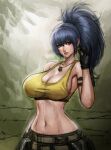  1girl bare_shoulders breasts camouflage camouflage_pants cargo_pants cleavage collarbone crop_top dog_tags earrings jewelry kyopink leona_heidern midriff navel pants snk solo tank_top the_king_of_fighters the_king_of_fighters_xiv the_king_of_fighters_xv toned triangle_earrings yellow_tank_top 