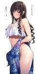  1girl amagami bangs bare_arms bare_shoulders bikini black_hair black_hairband blue_eyes blue_sarong blush breasts cleavage clothes_lift commentary_request cowboy_shot curly_hair floral_print frilled_bikini frills grin hairband hand_on_own_stomach large_breasts lifted_by_self long_hair looking_at_viewer morishima_haruka navel parted_lips print_bikini print_sarong sarong sarong_lift see-through shouji_nigou sidelocks simple_background smile solo standing stomach swimsuit translation_request white_background white_bikini 