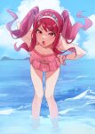  1girl absurdres bangs beach bent_over bikini bleach blue_sky bracelet cloud dokugamine_riruka full_body hands_on_hips headband highres jewelry long_hair looking_at_viewer mochiko_(tvygbntl) ocean open_mouth outdoors pink_eyes pink_hair sidelocks sky solo swimsuit twintails wading water 