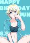  asumi-chan_wa_rezu_fuuzoku_ni_kyoumi_ga_arimasu! birthday blonde_hair blue_background blue_eyes blue_shirt blush breasts character_request cleavage collarbone hair_ornament hairclip happy_birthday highres itsuki_kuro licking licking_finger looking_at_viewer medium_breasts medium_hair navel no_panties prostitution pussy_juice shirt signature sitting sports_bra spread_legs tongue tongue_out 