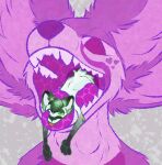  anthro arctic_fox bodily_fluids bugg_(artist) bugg_(bugg) canid canine duo fox fur hair male male/male mammal micro mouth_shot neck_bulge nude open_mouth saliva simple_background size_difference soft_vore taki_(takiama) teeth tongue tongue_out volx vore 
