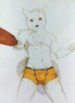  anthro athletic athletic_anthro athletic_male black_nose bulge canid cheek_tuft chest_tuft clothing facial_tuft front_view fur glistening glistening_eyes holding_object holding_paddle looking_at_viewer male mammal monotone_body monotone_fur navel orange_clothing orange_eyes orange_underwear paddle shoulder_tuft smile solo t.y.stars traditional_media_(artwork) tuft underwear white_body white_fur white_tail 