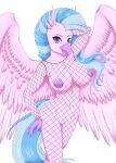  2019 absurd_res anthro anthrofied avian beak blue_hair blue_tail breasts claws clothing collarbone digital_media_(artwork) european_mythology eyebrows feathered_wings feathers female fingers fishnet fishnet_clothing friendship_is_magic genitals greek_mythology hair hasbro hi_res hippogriff long_hair my_little_pony mythological_avian mythology navel nipples pink_body pink_feathers purple_eyes pussy sigoogle silverstream_(mlp) simple_background smile solo white_background wings 