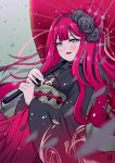  1girl black_kimono blue_eyes blush commentary_request fairy_knight_tristan_(fate) fate/grand_order fate_(series) holding holding_umbrella japanese_clothes kimono kuraikurairey looking_at_viewer pale_skin pink_hair pointy_ears slit_pupils solo umbrella 