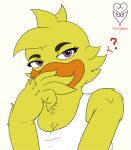  avian bird breasts chica_(fnaf) chicken clothing feathers female five_nights_at_freddy&#039;s galliform gallus_(genus) mammal non-mammal_breasts phasianid purple_eyes scottgames slightly_chubby smile smiley_face smiling_at_viewer thevgbear topwear video_games yellow_body yellow_feathers yellow_skin 