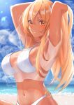  1girl armpits arms_up beach bikini blonde_hair blush breasts cleavage dark-skinned_female dark_skin hands_in_hair haro_art highres hololive large_breasts looking_at_viewer navel o-ring o-ring_bikini outdoors see-through see-through_shirt shiranui_flare shirt smile solo sweat sweatdrop swimsuit tan upper_body virtual_youtuber white_bikini yellow_eyes 