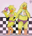  animatronic anthro anthrofied avian beak bird blue_eyes bottomwear breasts chica_(fnaf) chicken clothing cupcake_(fnaf) digital_media_(artwork) duo eyebrows feathers female five_nights_at_freddy&#039;s five_nights_at_freddy&#039;s_2 galliform gallus_(genus) hi_res machine non-mammal_breasts nude overweight phasianid purple_eyes robot scottgames slightly_chubby smile thevgbear topwear toy_chica_(fnaf) video_games winged_arms wings yellow_body yellow_feathers 