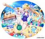  2girls ;d ahoge animal bare_shoulders baseball_bat beach blonde_hair blue_sky blue_swimsuit bow breasts brown_footwear bucket building cleavage cloud commentary_request conch cooler covered_navel crab day double_bun en_(fruits_fulcute!) flower food frilled_swimsuit frills fruit fruits_fulcute! grey_hair hair_bow hair_bun hair_flower hair_ornament head_tilt high_heels holding holding_baseball_bat large_breasts long_hair mauve midge_(fruits_fulcute!) multiple_girls official_art one-piece_swimsuit one_eye_closed palm_tree ponytail purple_eyes sand sand_castle sand_sculpture sandals seashell see-through shell sky smile starfish sunflower sunflower_hair_ornament surfboard swimsuit translation_request tree trowel very_long_hair water watermelon wet wet_clothes wet_swimsuit white_bow white_flower white_footwear white_swimsuit wings yellow_flower 