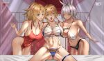  3girls absurdres artoria_pendragon_(fate) artoria_pendragon_(lancer)_(fate) bikini blonde_hair blue_eyes blush braid breasts caenis_(fate) competition_swimsuit fate_(series) highres large_breasts misa_pika mordred_(fate) mordred_(fate/apocrypha) multiple_girls one-piece_swimsuit open_mouth recording shiny shiny_hair shiny_skin swimsuit v white_hair 