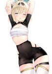  1girl ;o arms_behind_back arms_up bike_shorts black_shorts blonde_hair blue_eyes blush breasts covered_navel highres hololive kazama_iroha looking_at_viewer mashiro_inori medium_hair narrow_waist one_eye_closed sarashi shorts shrug_(clothing) simple_background skin_tight skindentation small_breasts solo stretching thigh_gap thigh_strap virtual_youtuber white_background wide_hips wide_ponytail 