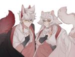  2boys alef_(sky:_children_of_the_light) animal_ears bishounen bob_cut cape chuo4016 daleth_(sky:_children_of_the_light) earrings facial_mark grey_eyes grey_hair heterochromia highres inverted_bob jewelry multiple_boys short_hair sky:_children_of_the_light smile tail tassel tassel_earrings white_eyes white_hair yellow_eyes 