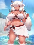  5_fingers accessory ahoge alternate_color animal_humanoid beach big_breasts bikini bikini_top biped black_horn blush bottomwear bovid bovid_humanoid bovine bovine_humanoid bow_(feature) bow_accessory bow_bikini bow_in_front bow_ribbon breasts brown_eyes brown_pupils cliff clothed clothing clothing_bow cloud colored dark_body dark_skin day detailed_background digital_media_(artwork) dipstick_horn female fingers front_view fully_clothed fur glistening glistening_body glistening_breasts glistening_hair glistening_skin grey_body grey_fur grey_horn grey_tail hair hair_accessory hair_bow hair_over_eye hair_ribbon half-closed_eyes hi_res horn huge_breasts humanoid humanoid_hands kemono_friends light_body long_hair looking_at_viewer mammal mammal_humanoid midriff mo23 monotone_ears monotone_hair monotone_tail multicolored_body multicolored_fur multicolored_horn narrowed_eyes navel one_eye_obstructed outside partially_submerged partially_submerged_legs pigtails portrait pupils ribbons sand sea seaside shaded skirt sky smile solo standing swimwear tan_body tan_skin three-quarter_portrait topwear two_tone_body two_tone_fur two_tone_horn water wet white_bikini white_body white_bottomwear white_clothing white_ears white_fur white_hair white_inner_ear white_skirt white_swimwear white_topwear wristband yak_(kemono_friends) yak_humanoid 