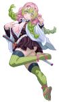 1girl :o absurdres belt blush braid breasts center_opening cleavage demon_slayer_uniform frilled_skirt frills full_body green_hair highres kanroji_mitsuri kimetsu_no_yaiba large_breasts long_sleeves looking_at_viewer multicolored_hair open_clothes open_mouth pink_hair shiren_(ourboy83) simple_background skirt slippers solo sword thighhighs twin_braids two-tone_hair upskirt weapon white_background 