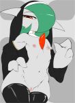  2022 areola clothed clothing female fir3born flat_chested gardevoir genitals green_hair grey_body hair hair_over_eye hi_res humanoid legwear looking_at_viewer mammal mostly_nude navel nintendo nipples not_furry nun_habit nun_outfit one_eye_obstructed pok&eacute;mon pok&eacute;mon_(species) pussy red_eyes simple_background solo thigh_highs video_games 