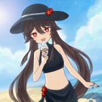  1girl :d bangs beach blush breasts brown_hair day flower flower-shaped_pupils food genshin_impact hair_flaps halter_top halterneck hat hat_flower holding holding_food holding_ice_cream hu_tao_(genshin_impact) ice_cream_cone jewelry long_hair meeako multiple_rings nail_polish navel ocean open_mouth plum_blossoms red_eyes ring rock sarong sky small_breasts smile solo sun_hat swimsuit symbol-shaped_pupils very_long_hair 