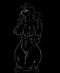  abs absurd_res anthro blush bodily_fluids breasts canid exposed female fifty_sixth_(kofomy) genital_fluids hands_behind_back hi_res kofomy looking_at_viewer mammal monochrome nipples solo wide_hips 